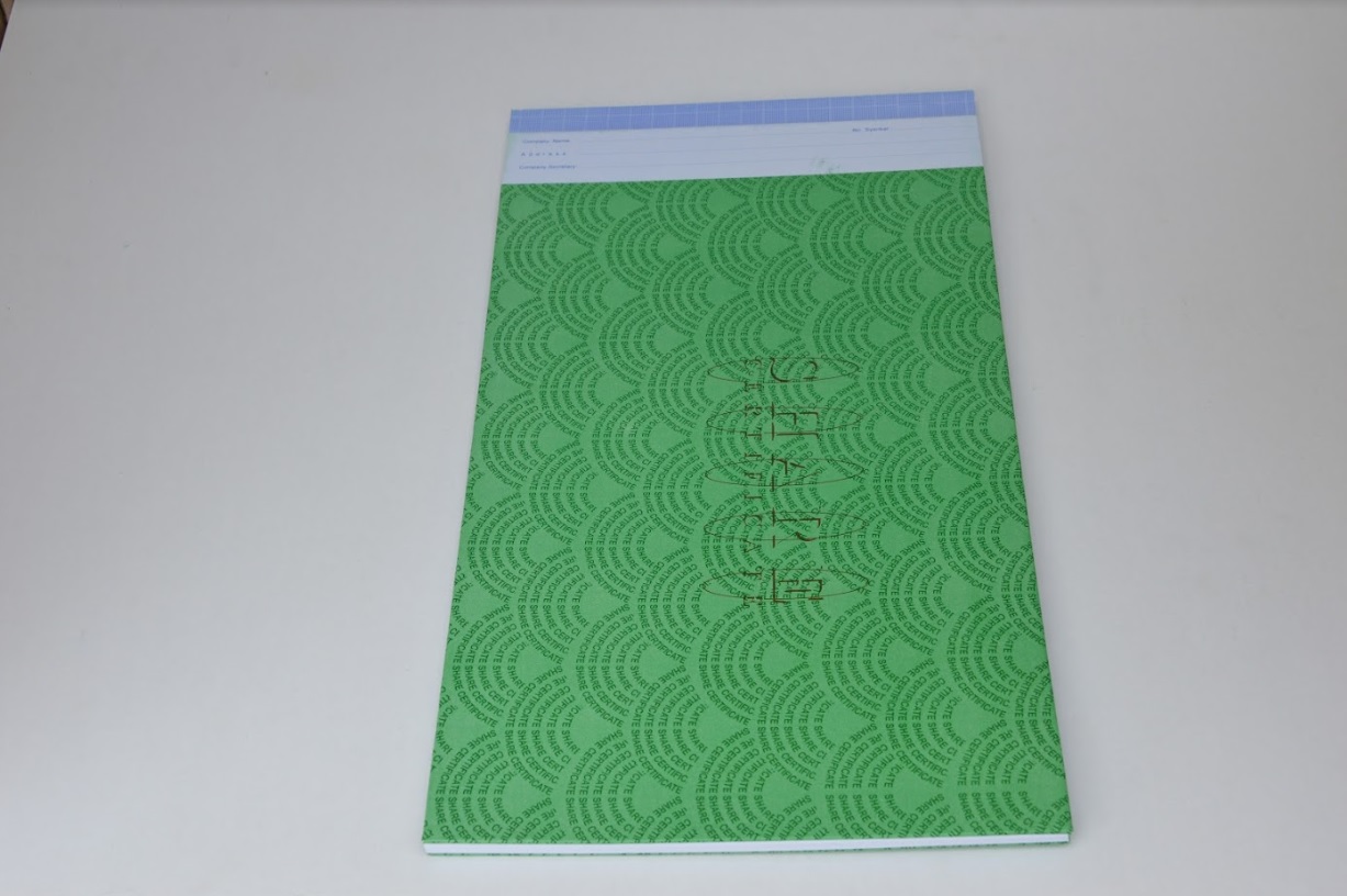 Share Certificate book — green cover
